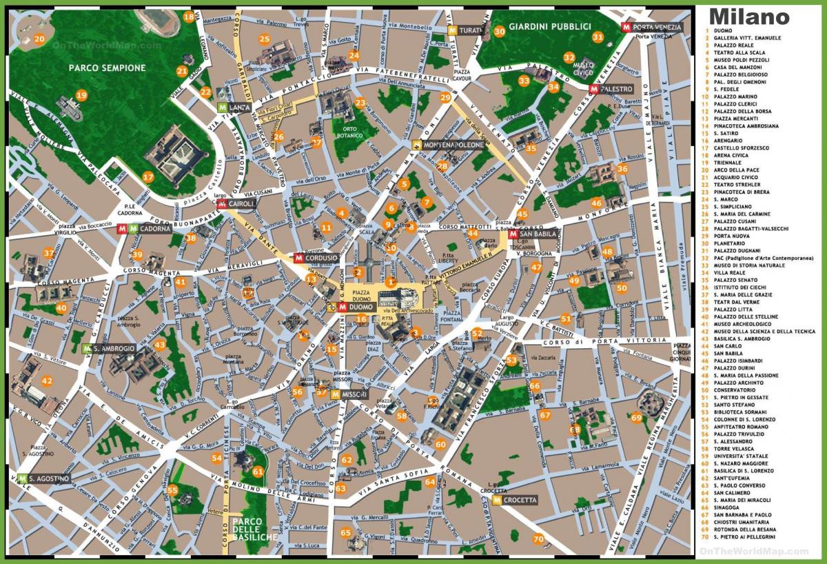 Mapa dos passeios a pé de Milão